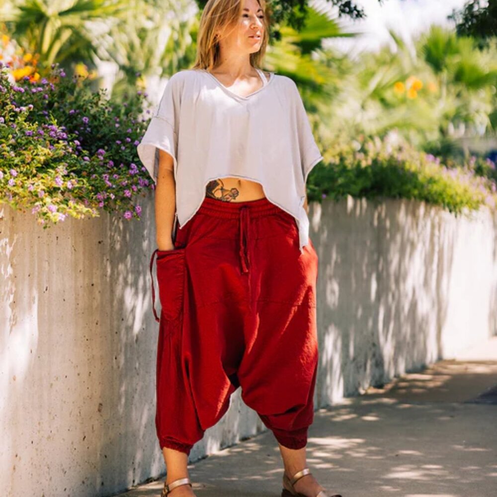 O.G. Solid Harem Pants Unisex Boho Festive Monk Style Lounge Travel Hippie Red - Picture 2 of 13